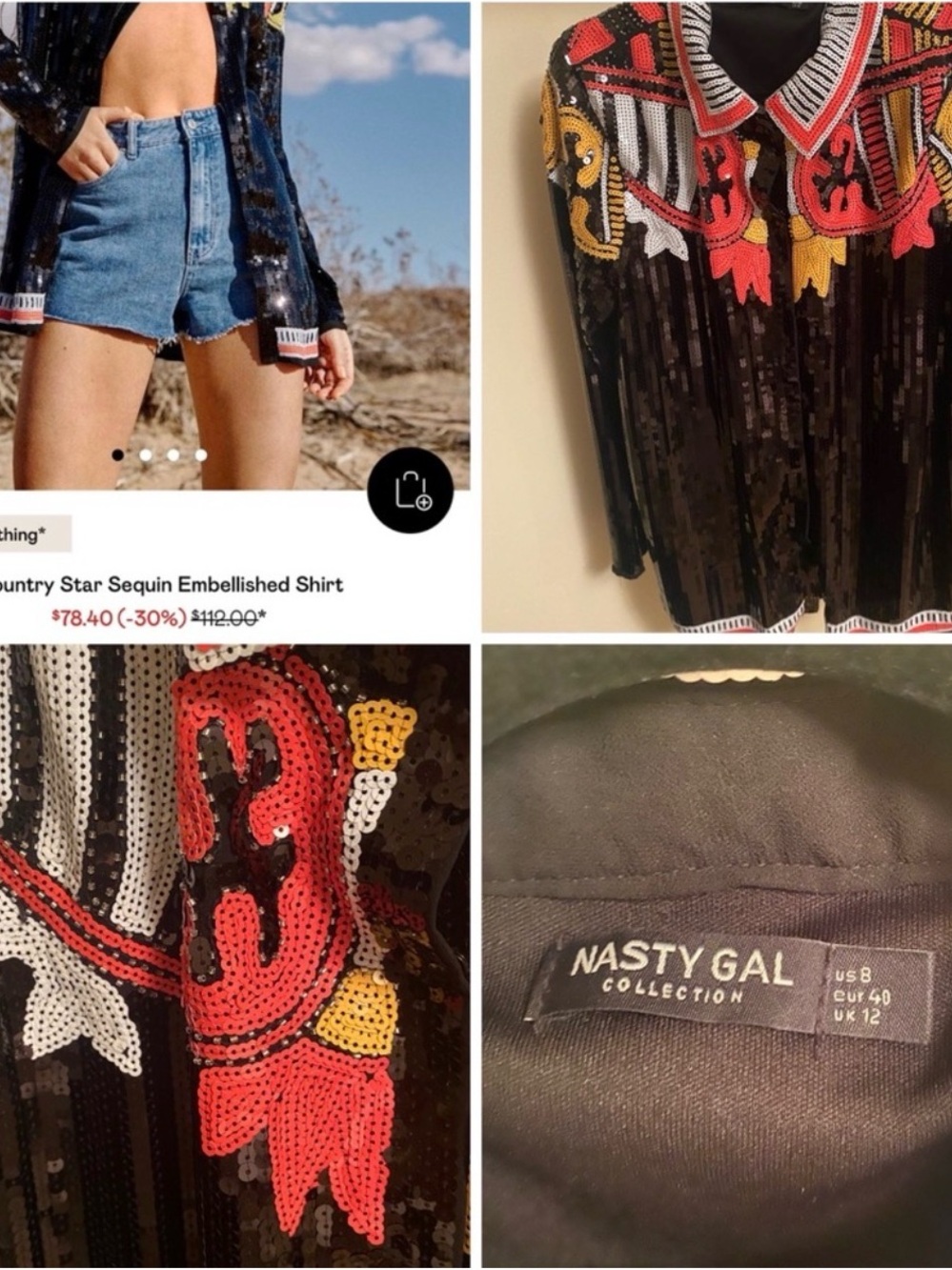 Nasty Gal Black Sequin Embellished Shirt with Red & Gold Trim